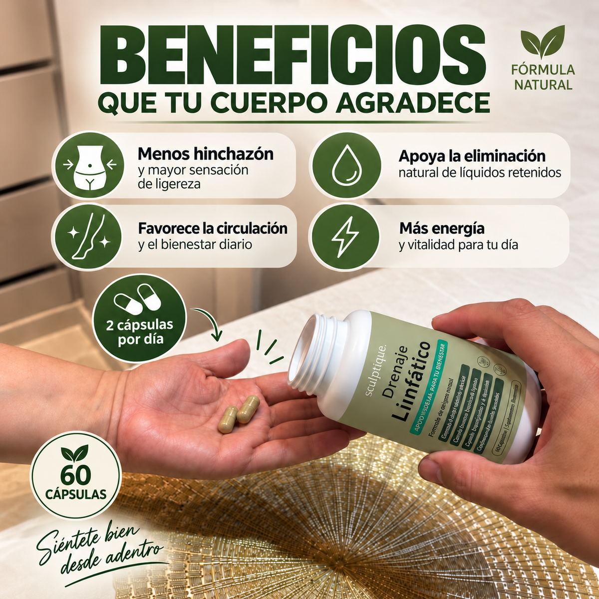 Para Menos Hinchazón y Más Ligereza - Sculptique Drenaje Linfático - 60 Capsulas